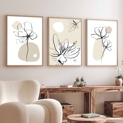 Large beige boho prints set for above bed gallery in modern mid-century interiors.