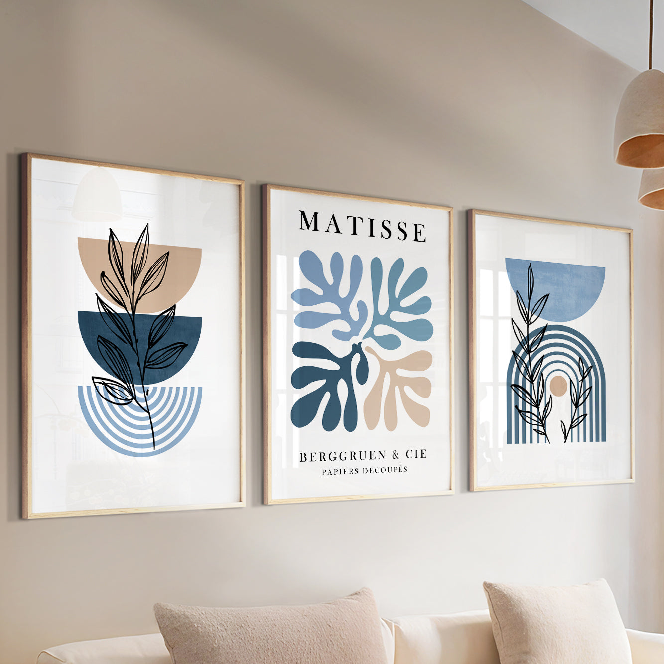 Matisse Wall Art Set of 3 – Mid Century Modern Neutral Prints, Botanical Above Bed Art, Large Gallery Set for Living Room