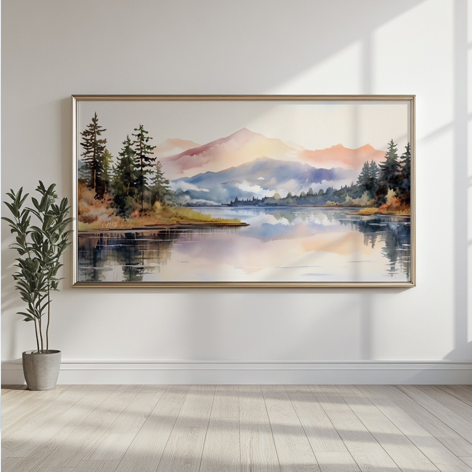 Abstract mountain wall art in soft pastels, featuring a still alpine lake surrounded by trees and hills, ideal for nature-inspired tranquil rooms.