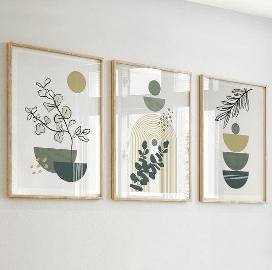 Abstract plant drawing in minimalist style with green semi-circles and outlined foliage.

