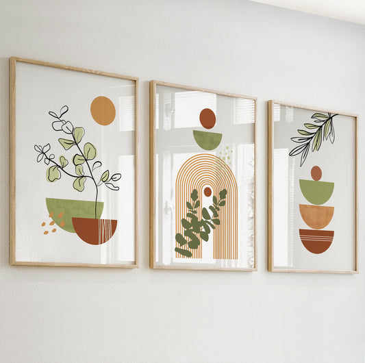 Stylized leaf drawing with terracotta and olive green semi-circles in minimal form.

