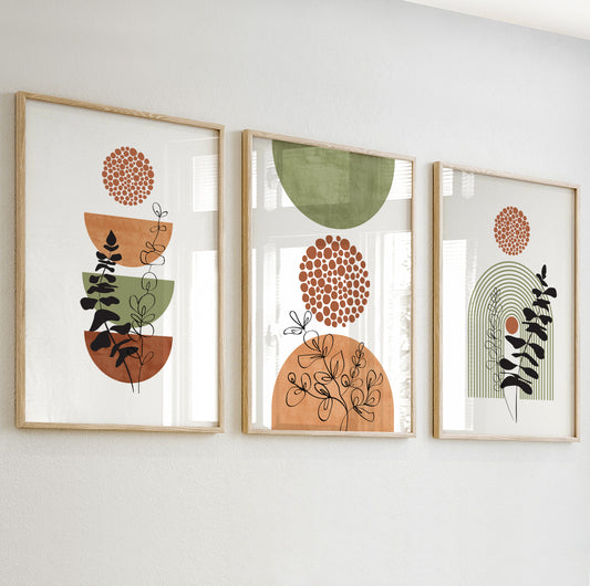 Poster with stacked terracotta and olive bowls and bold black plant overlay.

