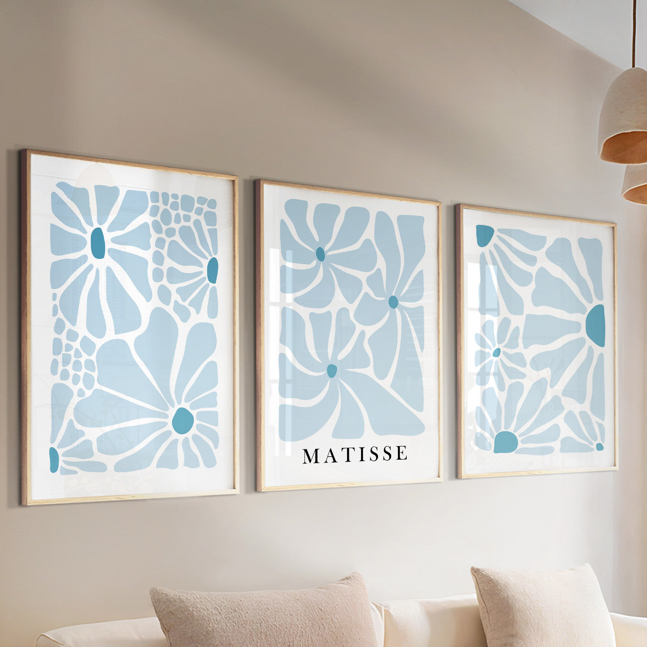 Neutral Blue Matisse Flower Wall Art Set of 3 – Minimalist Mid Century Bedroom Decor, Vintage Trendy Wall Art Prints