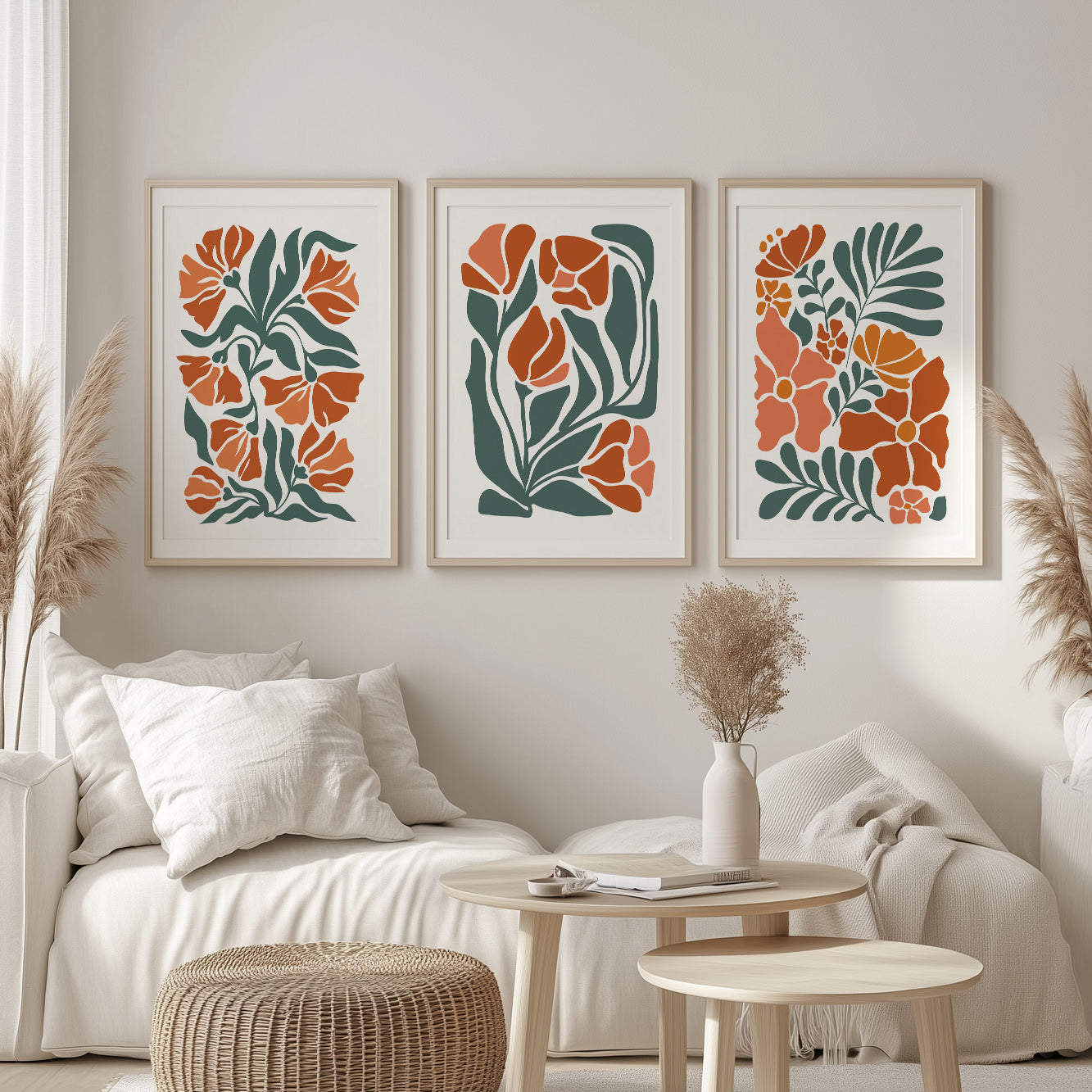 Vintage Trendy Bedroom Wall Art – Boho Floral Set of 3 Prints in Light Terracotta and Minimalist Style