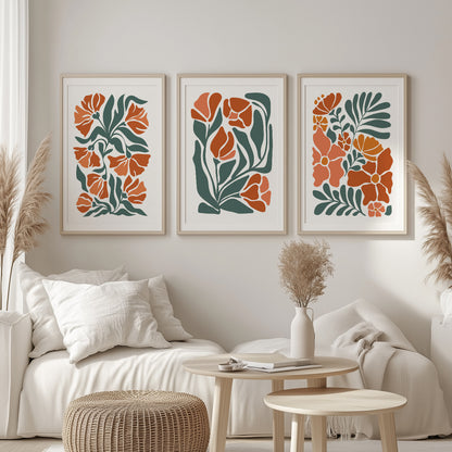Vintage Trendy Bedroom Wall Art – Boho Floral Set of 3 Prints in Light Terracotta and Minimalist Style