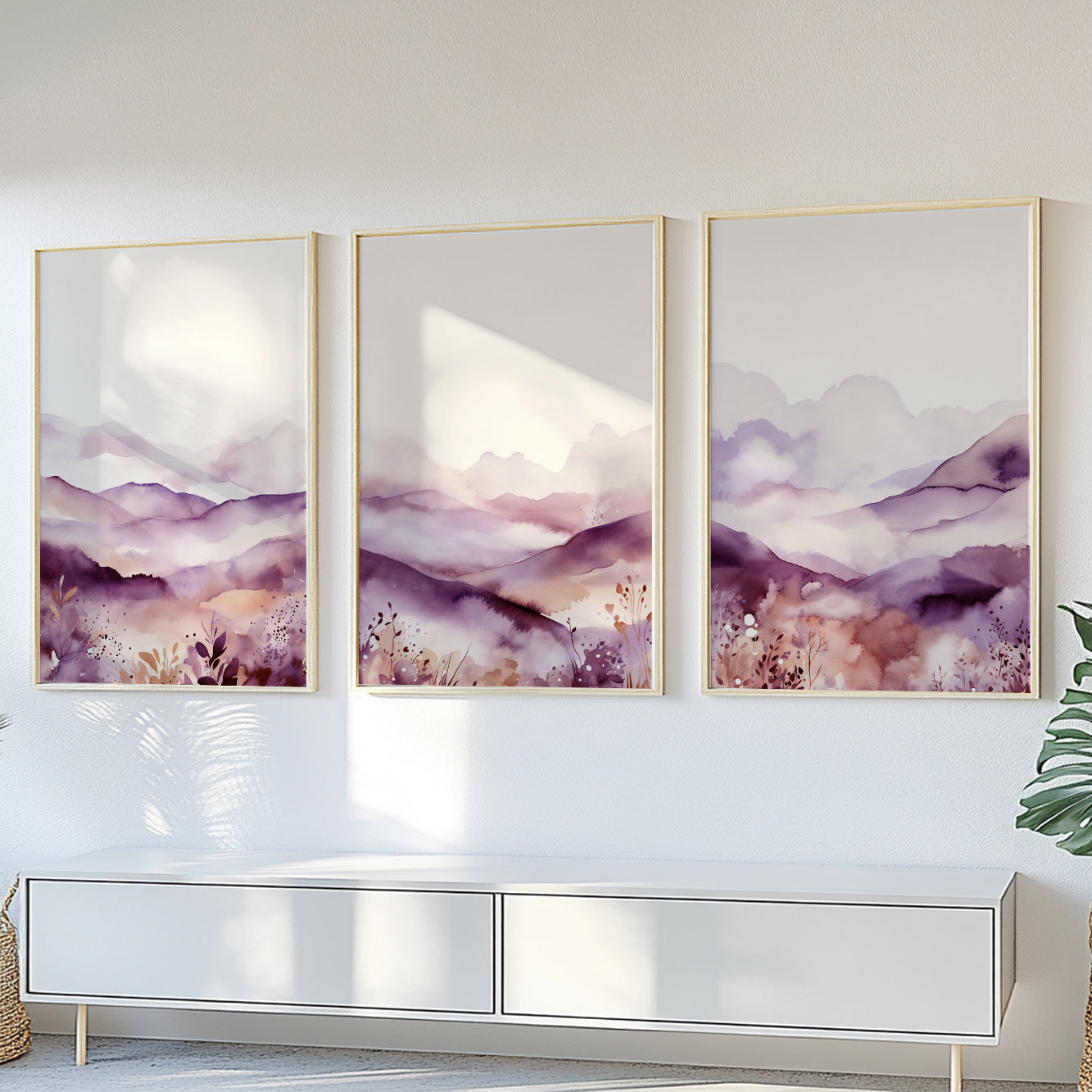 Set of 3 Prints – Soft purple landscape wall art set, watercolor mountains.