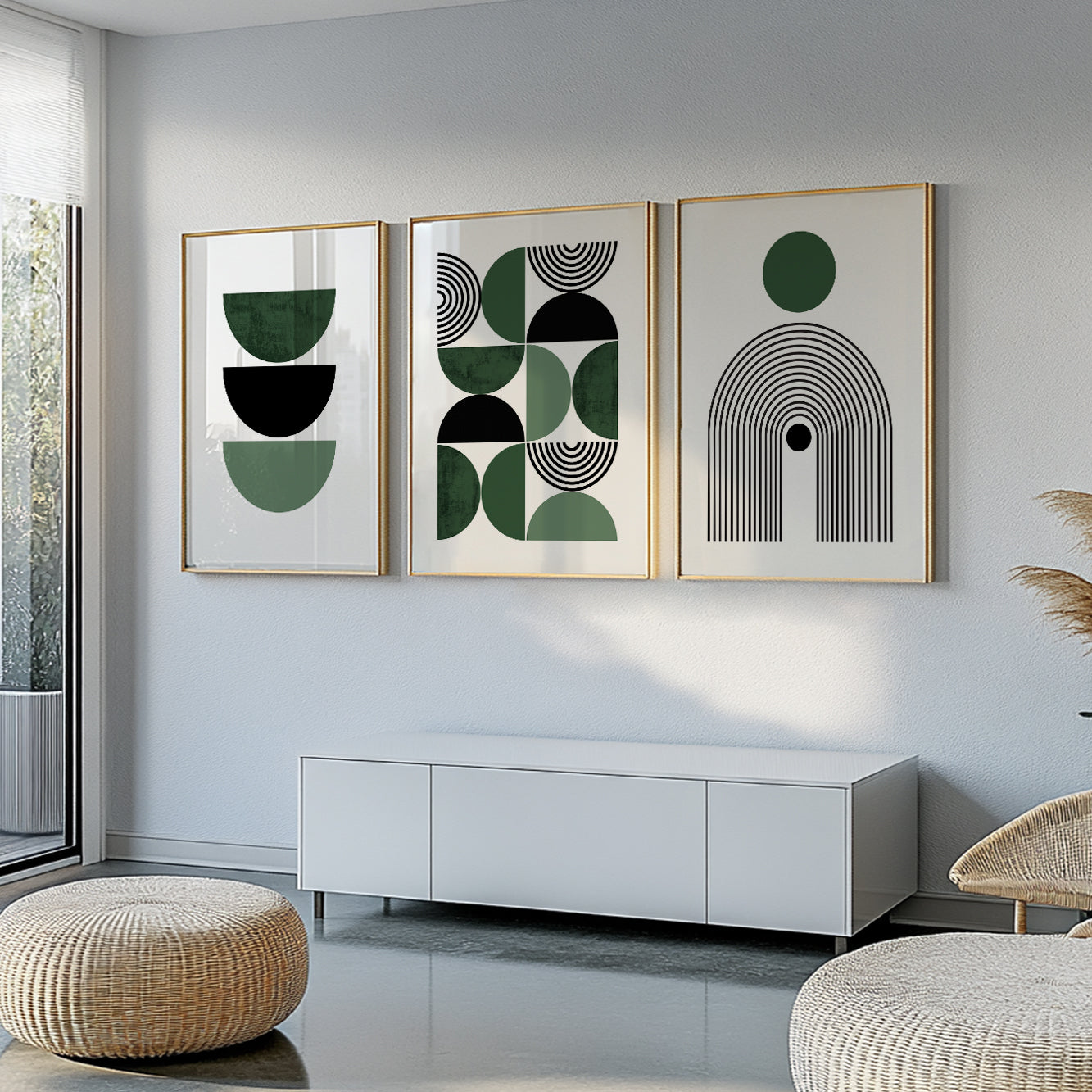 Mid-Century Modern Wall Art Set – 3 Green Boho Abstract Prints for Bedroom