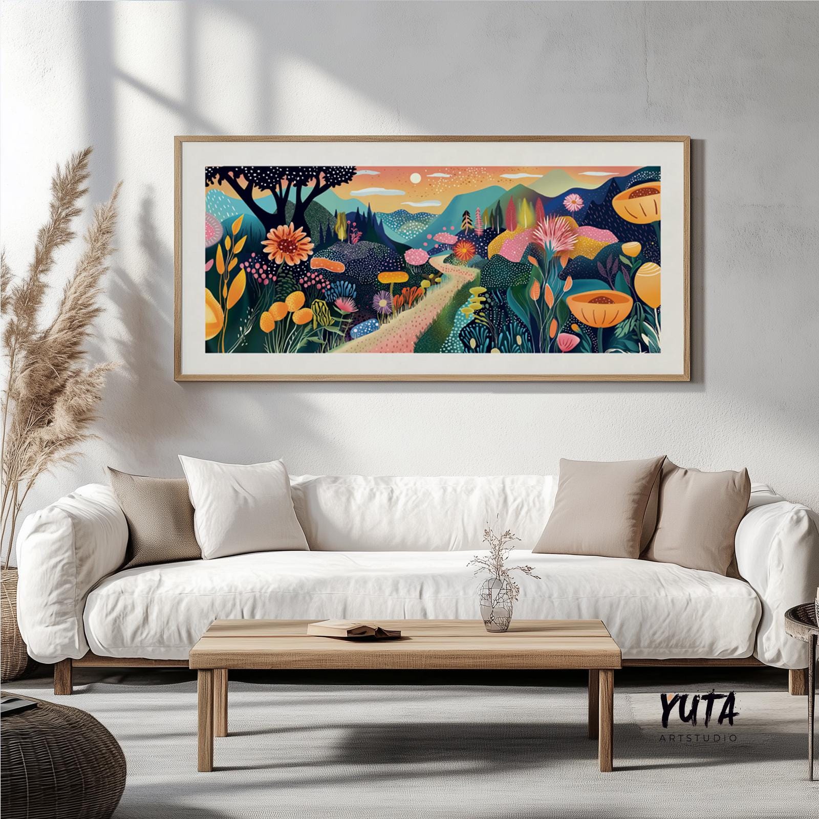 Panoramic abstract mountain landscape in vivid colors, great for above bed wall art, hallway decor, or modern nature-inspired gallery walls.