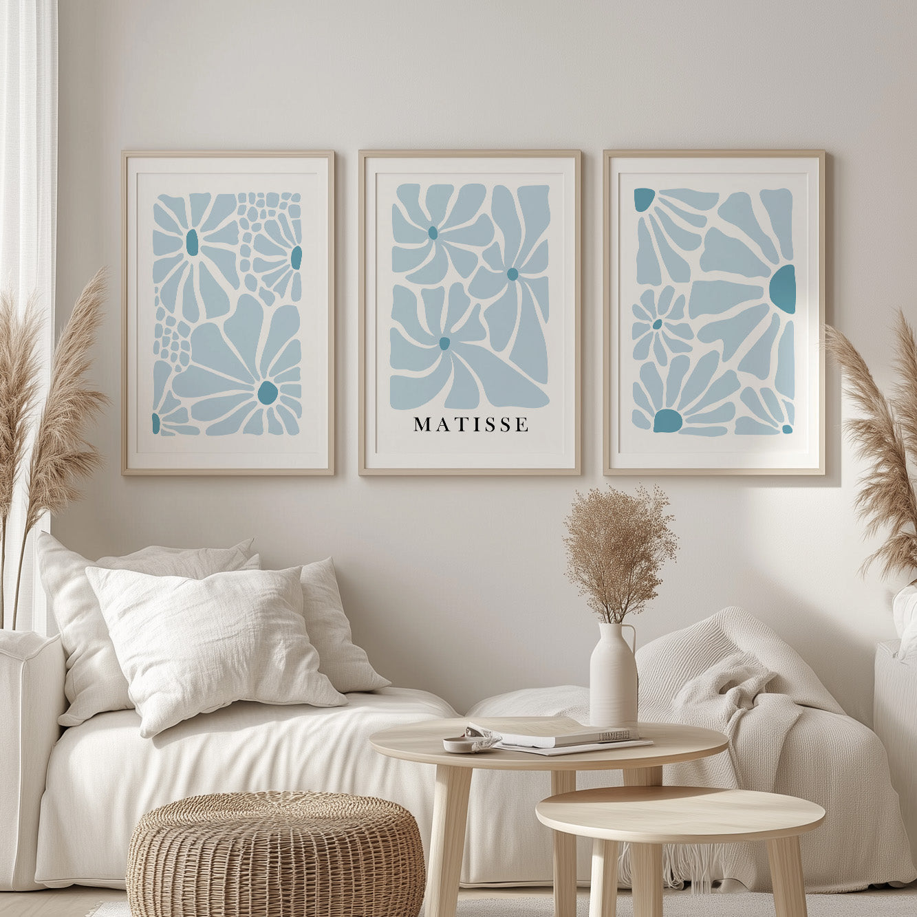 Neutral Blue Matisse Flower Art Set of 3 – Minimalist Mid Century Gallery Wall, Vintage Trendy Bedroom Prints