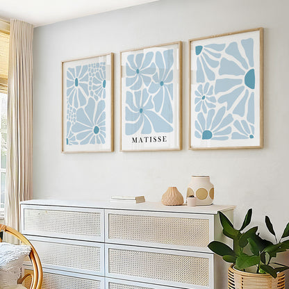 Blue Matisse Flower Set of 3 Prints – Neutral Minimalist Mid Century Wall Art, Vintage Bedroom Aesthetic
