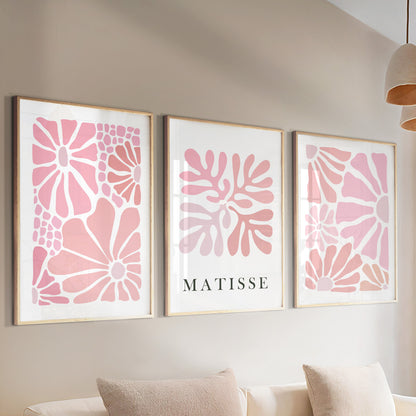 Matisse Pink Floral Set of 3 – Neutral Minimalist Mid Century Gallery Art, Vintage Trendy Poster Set for Bedroom