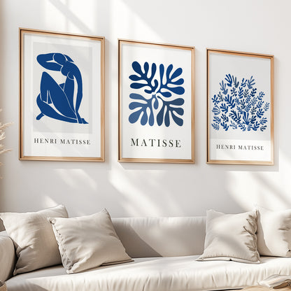 Navy blue mid century wall art set – Matisse print triptych for elegant bedroom or living room decor.