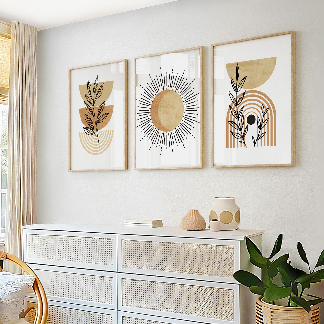 Terracotta Beige Mid Century Boho Wall Art Set of 3 – Neutral Gallery Wall Posters, Above Bed Art