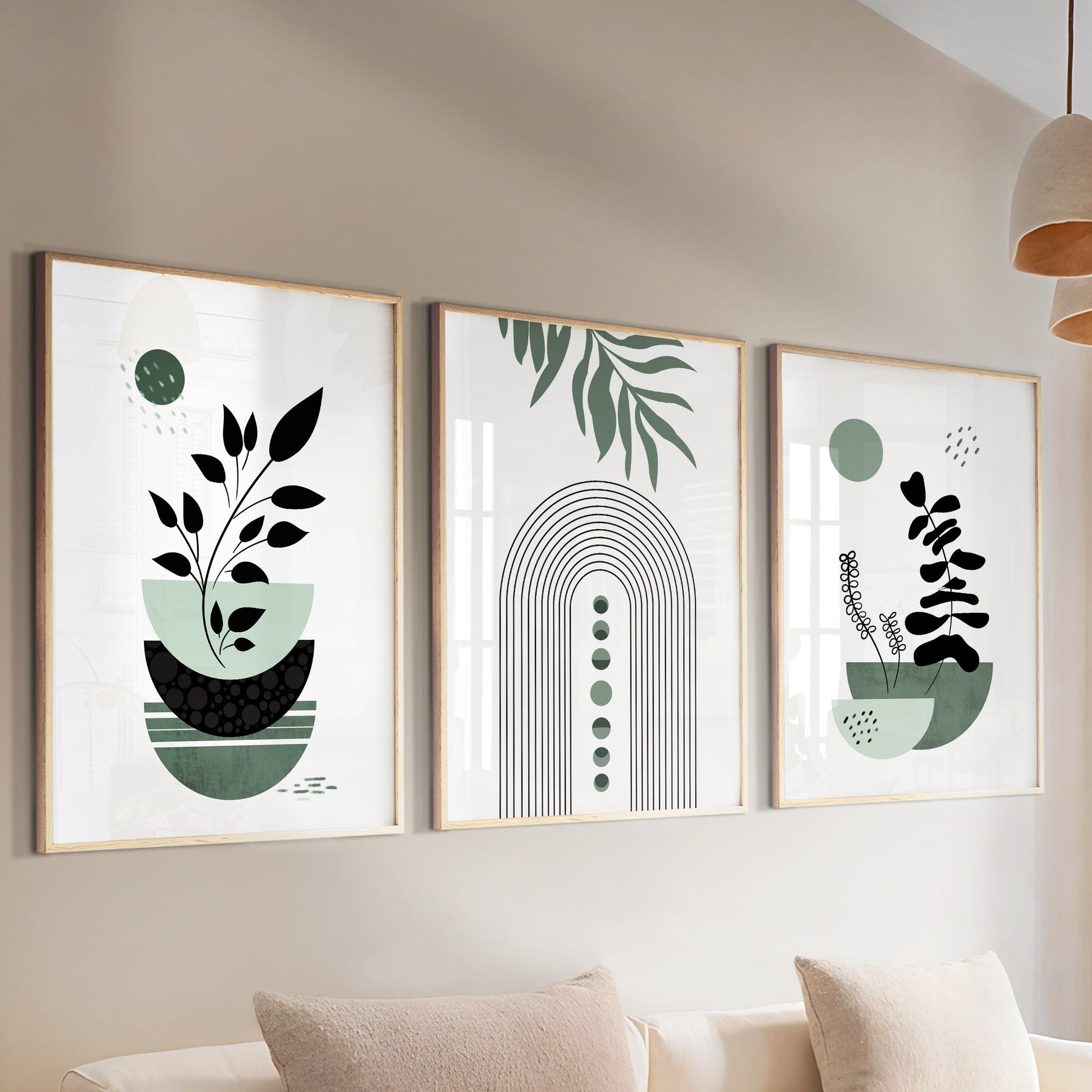 Mid-century modern minimalist boho wall art set, perfect for above bed gallery walls.