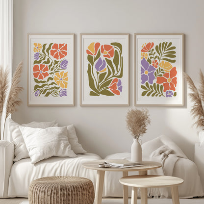Mid-century modern gallery wall set featuring Matisse-style floral botanical prints.