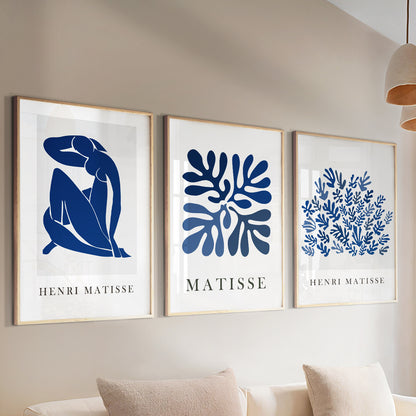 Navy blue minimalist wall art set – mid century Matisse prints for gallery walls in modern homes.