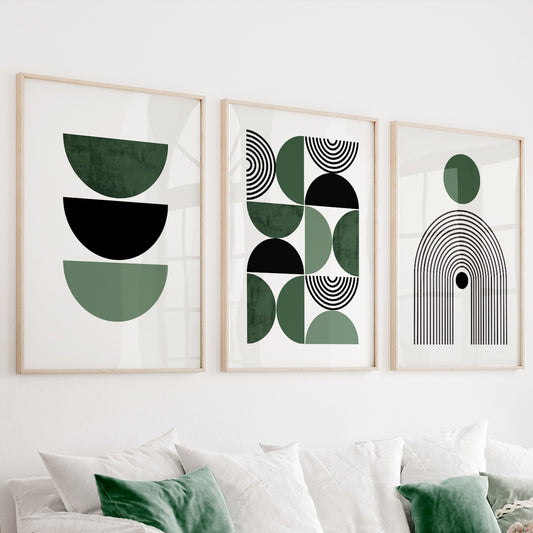 Set of 3 Mid-Century Modern Art Prints – Green Boho Abstract Wall Art