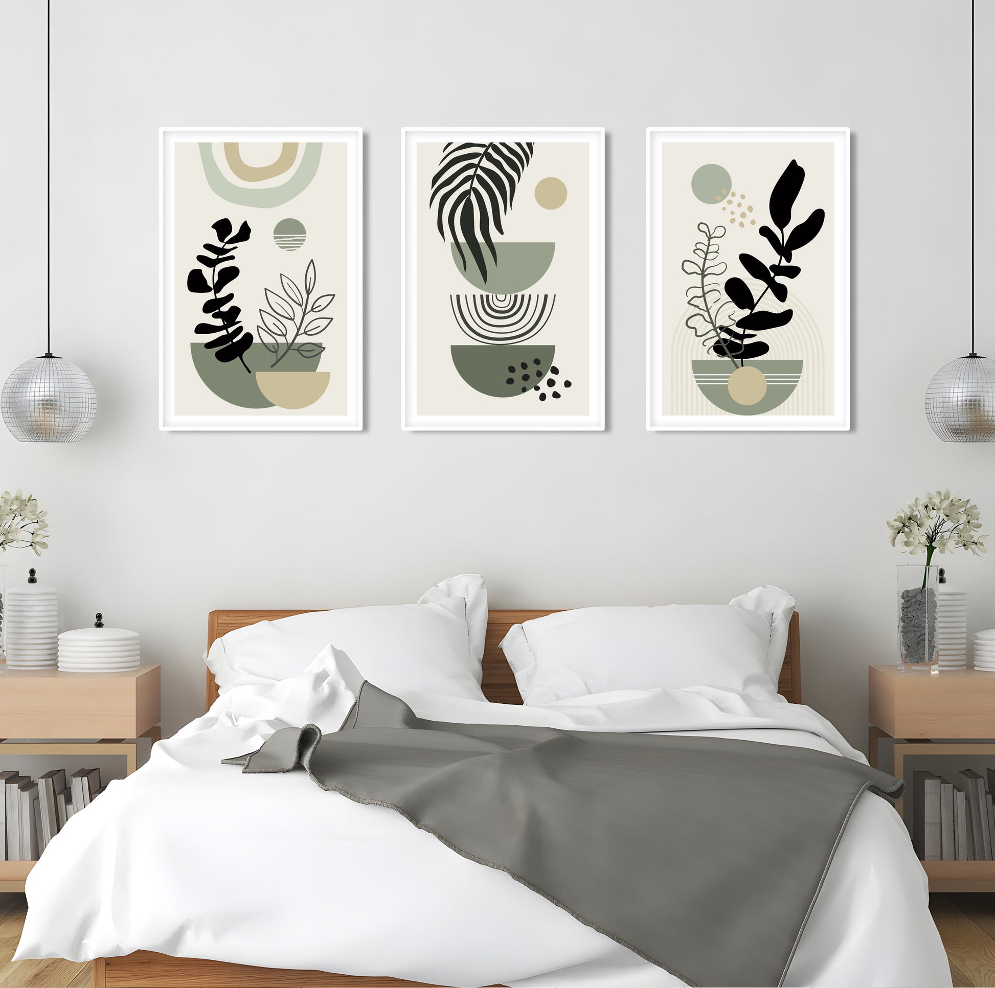 Sage green boho print set of 3. Mid century modern neutral wall art. Bohemian above bed gallery wall art, Boho Wall Art, Green Wall Prints - Mid century modern art
