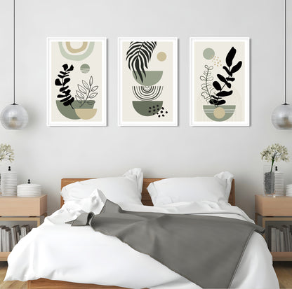 Sage green boho print set of 3. Mid century modern neutral wall art. Bohemian above bed gallery wall art, Boho Wall Art, Green Wall Prints - Mid century modern art
