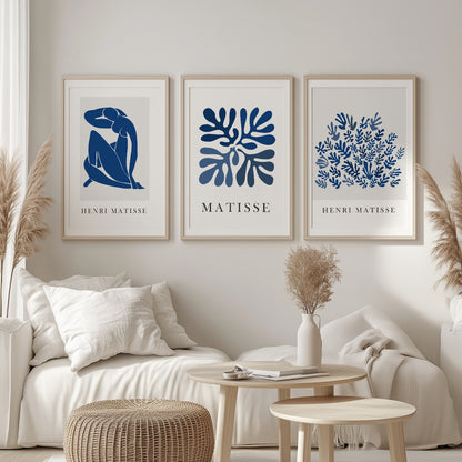 Minimalist navy blue gallery wall set – Matisse-inspired mid century prints perfect for modern interiors.