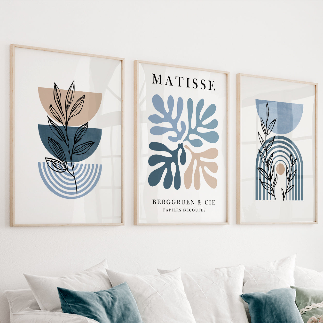 Set of 3 Matisse Prints – Trendy Botanical Wall Art, Neutral Mid Century Modern Gallery Set for Bedroom and Living Room