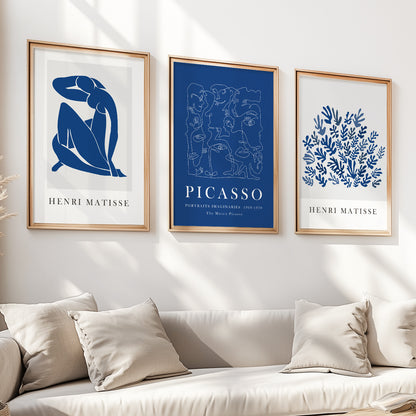 Mid-century modern navy blue art prints inspired by Matisse, ideal for stylish living spaces.