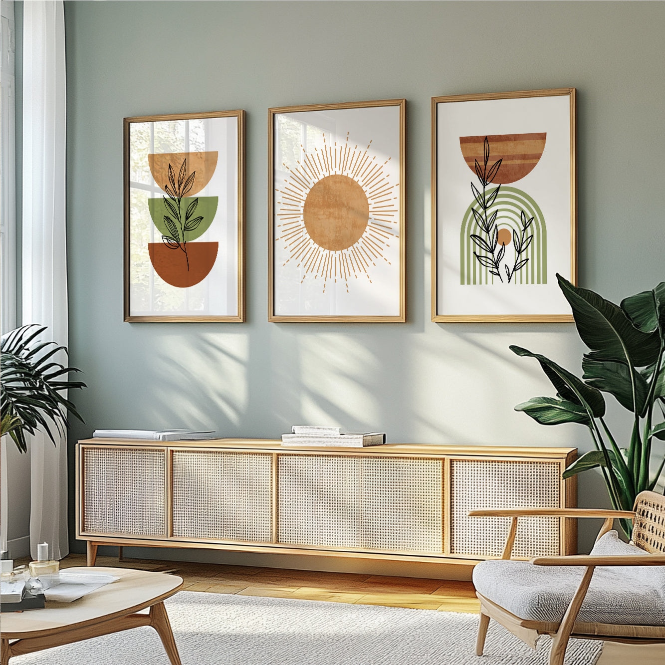 Terracotta Green Boho Wall Art Set of 3 – Mid Century Modern Neutral Prints for Living Room and Bedroom Decor