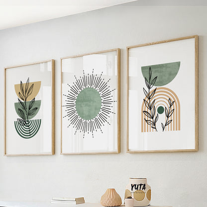 Minimalist geometric boho print set of 3 featuring plant outlines and retro sun shapes