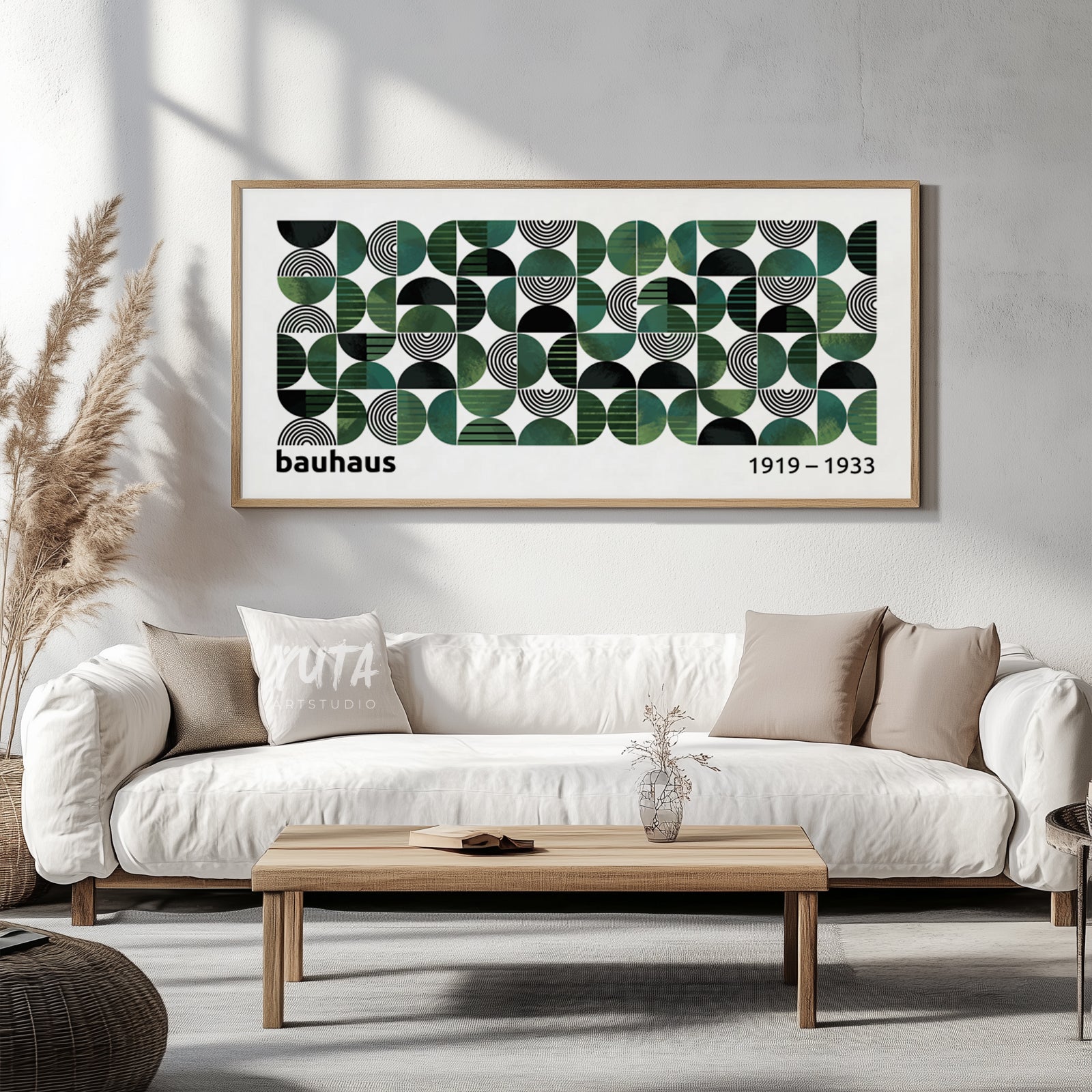 Panoramic Bauhaus-style poster featuring bold geometry for wide wall spaces