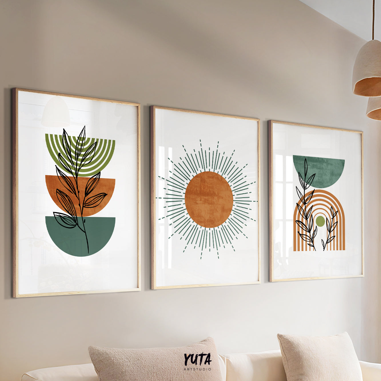 Mid century modern wall art in terracotta and sage green with plant line drawings