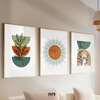 Mid century modern wall art in terracotta and sage green with plant line drawings