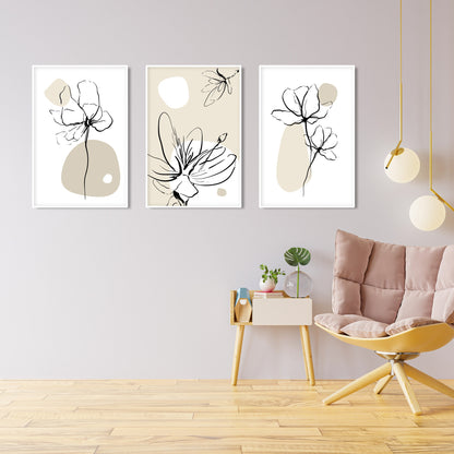 Minimalist beige floral gallery wall prints with boho and mid-century modern style.
