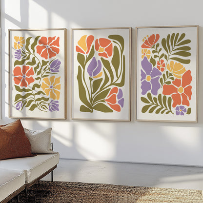 Minimalist colorful floral prints inspired by Matisse, perfect for mid-century modern interiors.
