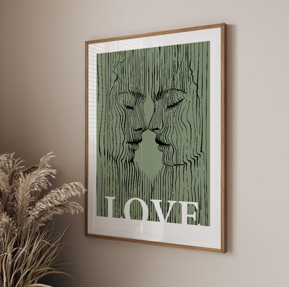 Abstract Kissing Lovers Portrait – Sage Green Love Couple Print for Modern Apartment Decor
