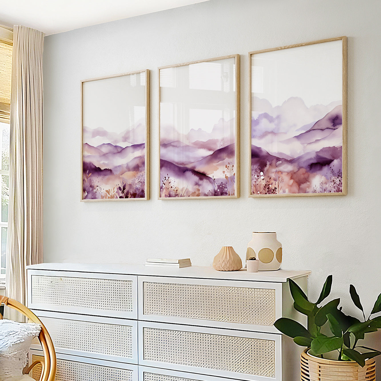 Calming watercolor wall art set of 3 prints showcasing lilac mountains and abstract nature, ideal for pastel-themed home gallery walls.
