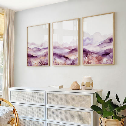 Calming watercolor wall art set of 3 prints showcasing lilac mountains and abstract nature, ideal for pastel-themed home gallery walls.