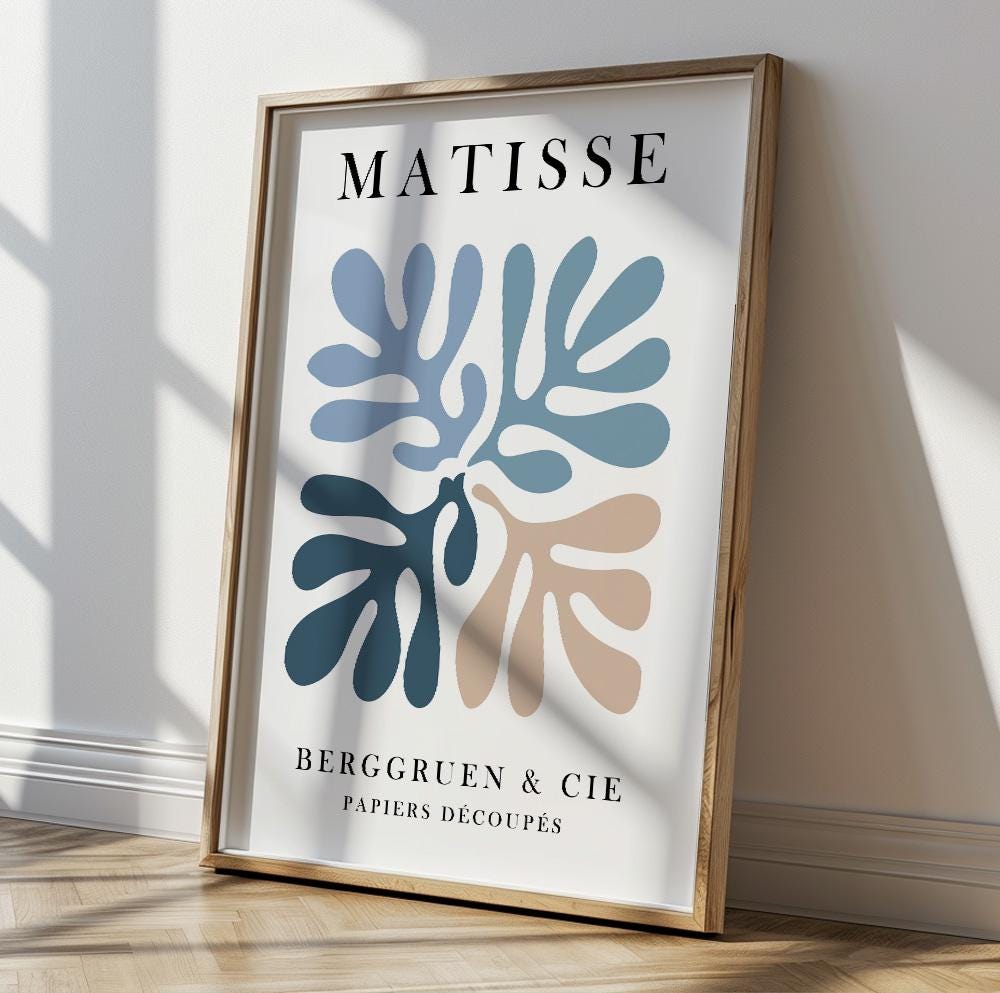 Trendy pastel Matisse print in soft blue tones for minimalist room decoration.
