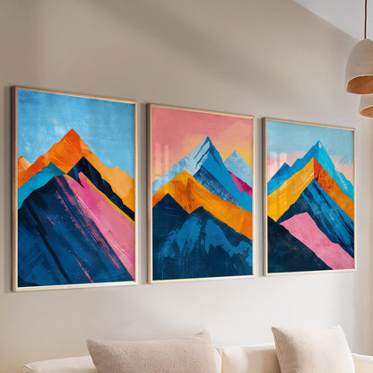 Minimalist mountain triptych with pastel blue and pink colors – modern landscape posters.
