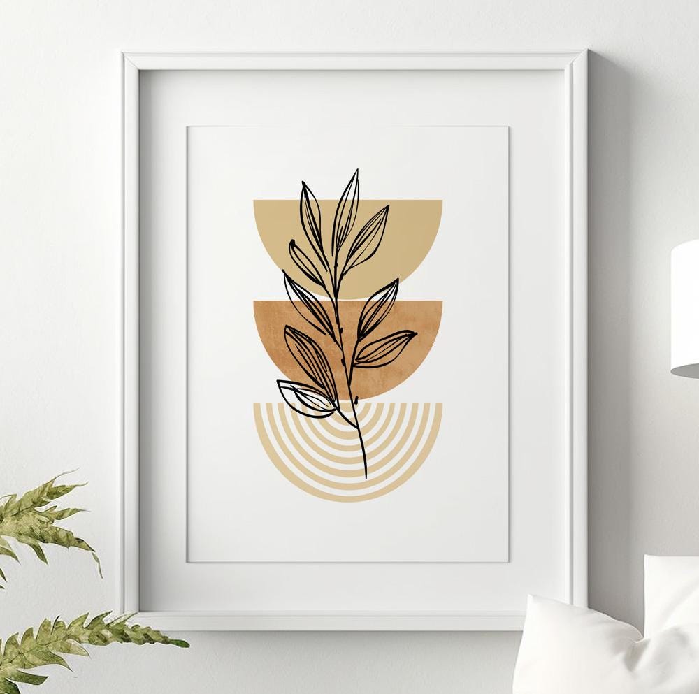 Neutral boho botanical wall art print with pastel tones in beige and terracotta.