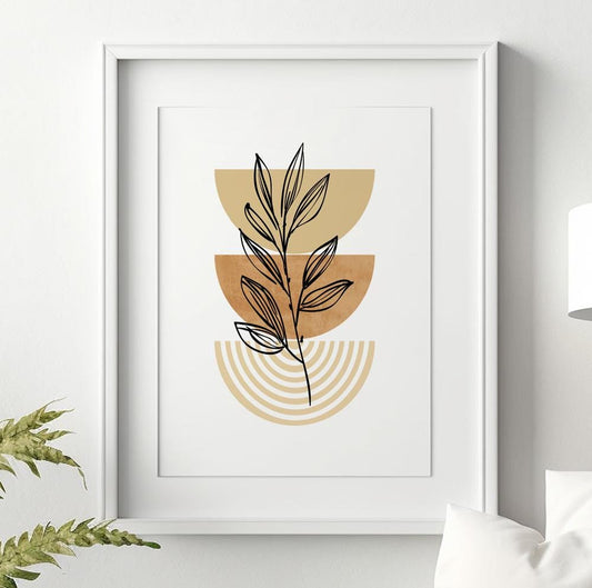 Neutral boho botanical wall art print with pastel tones in beige and terracotta.