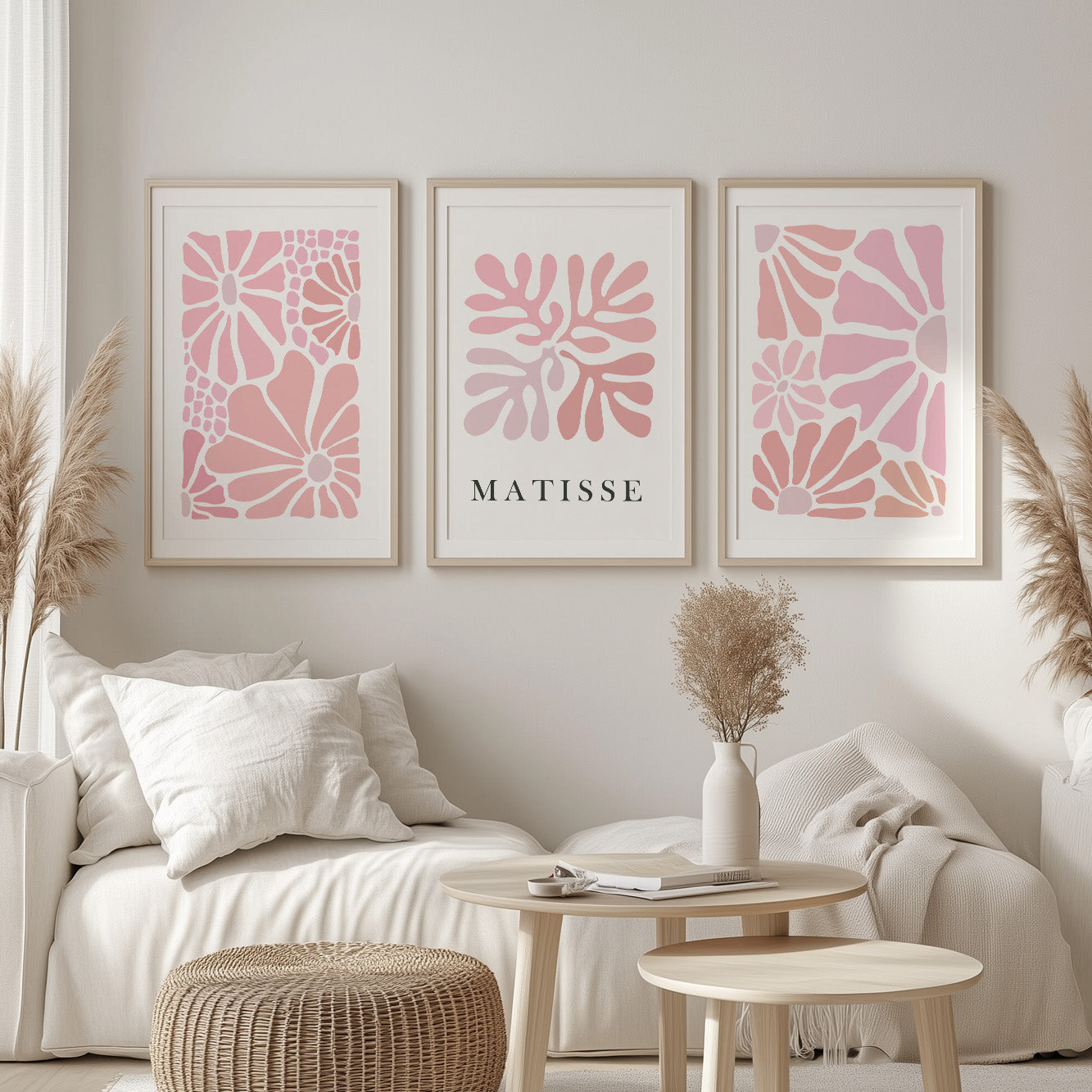 Abstract Pink Floral Matisse Print Set of 3 – Mid Century Minimalist Gallery Wall Set, Vintage Neutral Aesthetic Posters