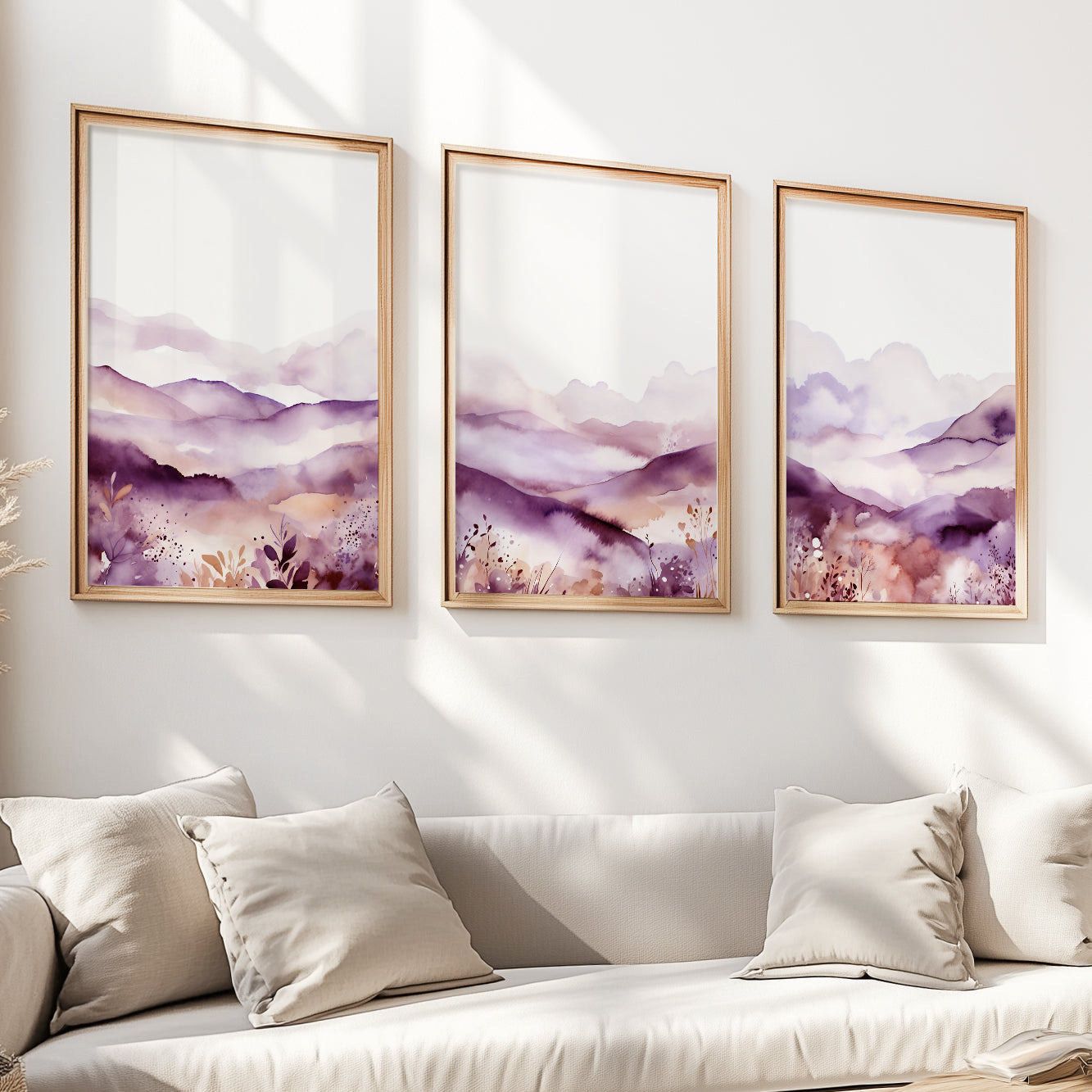 Set of 3 lilac watercolor mountain prints in minimalist style.
