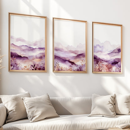 Set of 3 lilac watercolor mountain prints in minimalist style.