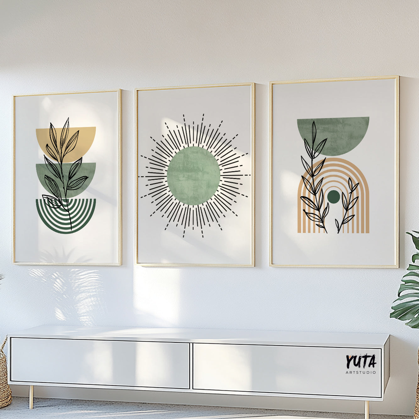 Set of three abstract geometric posters in boho style for contemporary room styling