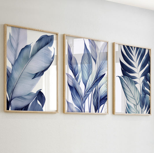 Stylized group of blue-toned tropical leaves in a clean, minimal art print — perfect for modern or Scandinavian interiors.

