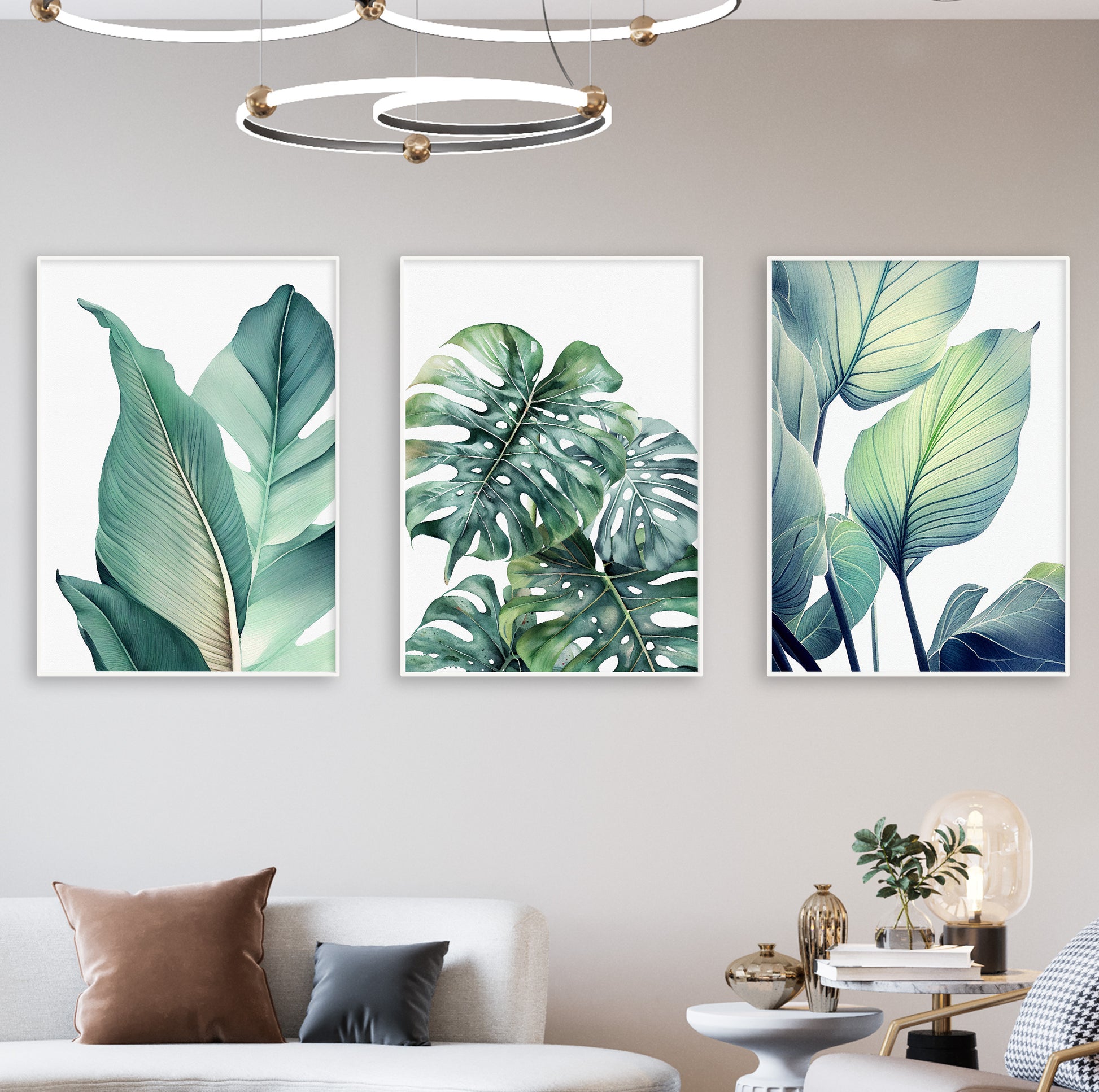 Three-panel poster set showcasing stylized tropical foliage in clean, soft, refreshing colors.

