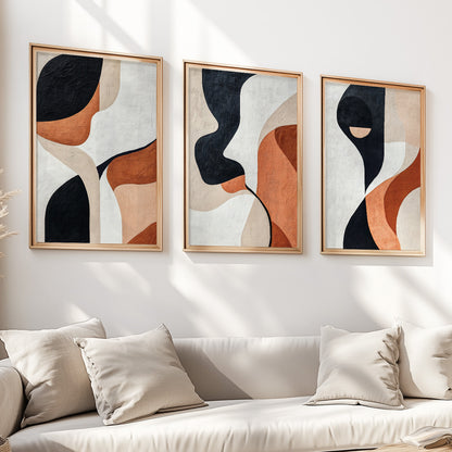 Modern Abstract Set of 3 – Black Terracotta Nordic Geometric Art (USA)