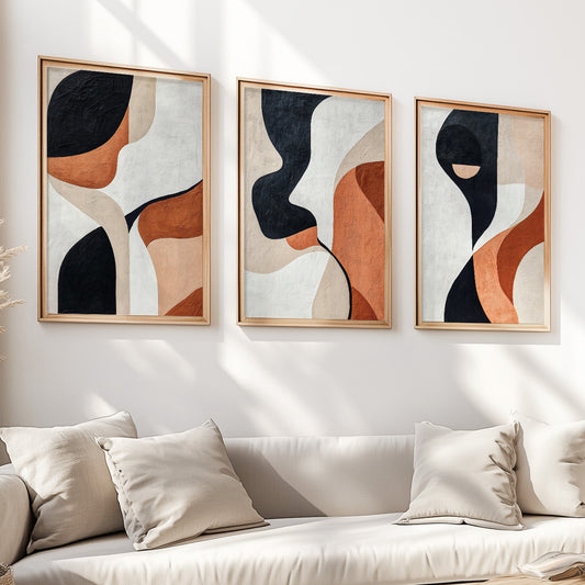 Modern Abstract Set of 3 – Black Terracotta Nordic Geometric Art (USA)