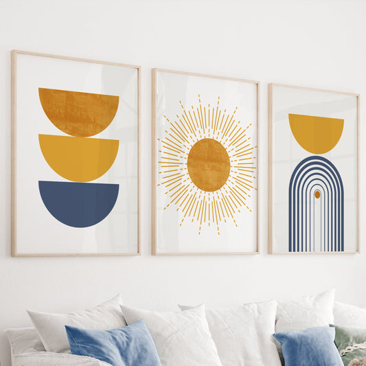 Modern blue and mustard boho set of 3 prints for mid-century colorful gallery walls.