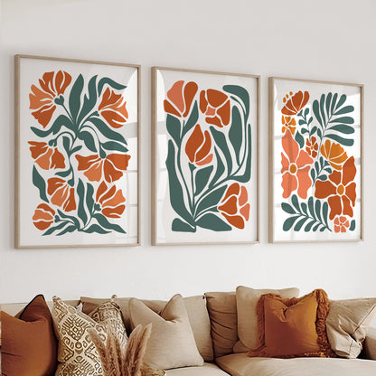 Boho Floral Set of 3 – Terracotta Minimalist Mid Century Prints for Vintage Bedroom Wall Art